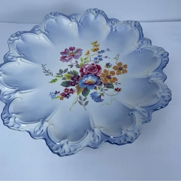 Vintage Floral Blue Pedestal Cake Stand Home Decor Fruit Display Centerpiece - Picture 4 of 12